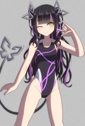 Rule 34 | 1girl, nanashi inc., alternate costume, black hair, black one-piece swimsuit, blunt bangs, blush, breasts, cleavage, closed mouth, commentary, competition swimsuit, demon girl, demon horns, demon tail, feet out of frame, grey background, grey one-piece swimsuit, highres, horns, kojo anna, kusha (madoukusya12), long hair, looking at viewer, medium breasts, multicolored clothes, multicolored hair, multicolored swimsuit, \\n/, one-piece swimsuit, one eye closed, pointy ears, purple hair, purple one-piece swimsuit, simple background, smile, solo, sugar lyric, swimsuit, tail, twintails, two-tone hair, virtual youtuber, yellow eyes
