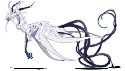 Rule 34 | absurdres, animal focus, claws, commentary, deepsea9013, english commentary, feathered wings, full body, head wings, highres, monster, multiple tails, multiple wings, no humans, original, profile, simple background, solo, tail, white background, white wings, wings