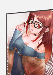 Rule 34 | 1girl, absurdres, ao oni (onioni-aoi), bare shoulders, black-framed eyewear, black dress, blush, breasts, brown hair, cleavage, yu mei-ren (fate), dress, earrings, fate/grand order, fate (series), twirling hair, highres, jewelry, looking at viewer, medium breasts, multiple earrings, multiple rings, red eyes, ribbed sweater, solo, sweater