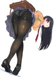Rule 34 | 1girl, bent over, black footwear, black pantyhose, black skirt, blue skirt, breasts, collared shirt, commentary request, dutch angle, from behind, full body, hair between eyes, lips, long hair, looking at viewer, medium breasts, miniskirt, original, panties, pantyhose, panzer (p.z), parted lips, plaid, plaid skirt, pleated skirt, purple eyes, red neckwear, school uniform, shirt, simple background, skirt, solo, thighband pantyhose, underwear, white panties