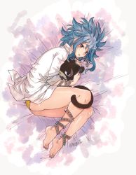 Rule 34 | 1girl, anklet, barefoot, bed sheet, blue hair, bracelet, brown eyes, cat, fairy tail, from above, hair between eyes, jewelry, levy mcgarden, long hair, looking at viewer, lying, nail polish, necklace, on side, pantherlily, panties, parted lips, pink nails, rusky, shiny skin, shirt, sketch, solo, spiked hair, toenail polish, toenails, underwear, white shirt, yellow panties