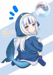 Rule 34 | 1girl, ^^^, animal hood, bloop (gawr gura), blue background, blue eyes, blue hoodie, blunt bangs, blush, closed mouth, commentary, english commentary, english text, fins, fish tail, gawr gura, gawr gura (1st costume), highres, hololive, hololive english, hood, hoodie, long hair, looking at viewer, looking back, mixed-language commentary, playing games, shark hood, shark tail, silver hair, simple background, tail, two-tone background, virtual youtuber, weizen, white background