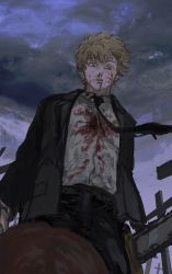 Rule 34 | 1boy, 1girl, black jacket, black necktie, black pants, blonde hair, blood, blood on clothes, blood on face, chainsaw, chainsaw man, cloud, cloudy sky, cross, dark clouds, denji (chainsaw man), evening, formal, from below, graveyard, highres, holding, holding weapon, jacket, looking at viewer, looking down, makima (chainsaw man), necktie, pants, pov, red hair, shinamoku00, shirt, short hair, sky, suit, tombstone, weapon, white shirt