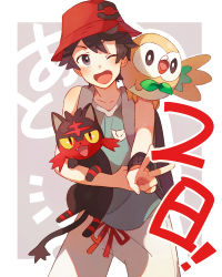Rule 34 | 1boy, 1girl, :d, ;d, backpack, bag, bare arms, bare shoulders, bird, black eyes, black hair, blue shirt, bright pupils, cat, colored sclera, creature, creature on shoulder, creatures (company), elio (pokemon), fangs, game freak, gen 7 pokemon, hat, highres, holding, legs apart, litten, looking at viewer, male focus, nintendo, on shoulder, one eye closed, open mouth, outstretched arm, owl, pants, pokemon, pokemon (creature), pokemon usum, red eyes, red hat, red ribbon, ribbon, rowlet, shirt, sleeveless, sleeveless shirt, smile, standing, unapoppo, v, white pants, wristband, yellow sclera, you (pokemon usum)