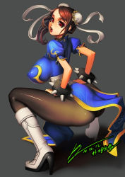 Rule 34 | 1girl, ass, bad id, bad pixiv id, boots, bracelet, breasts, brown eyes, brown hair, bun cover, capcom, china dress, chinese clothes, chun-li, covered erect nipples, cross-laced footwear, double bun, dress, eyelashes, hair bun, high heel boots, high heels, huge breasts, impossible clothes, jellytits-7, jewelry, knee boots, lace-up boots, large breasts, lipstick, looking back, makeup, naughty face, open mouth, pantyhose, pelvic curtain, puffy sleeves, purple lips, sagging breasts, sash, shiny clothes, short hair, solo, spiked bracelet, spikes, squatting, street fighter, tongue, tongue out