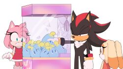 Rule 34 | 1boy, 2girls, amy rose, aqua eyes, bracelet, breaking, broken glass, chao (sonic), cheating (competitive), child, clenched teeth, closed mouth, crane game, cream the rabbit, dress, furry, furry female, furry male, glass, gloves, hairband, highres, jewelry, looking at another, multiple girls, open mouth, orange dress, orange eyes, red dress, red eyes, red hairband, shadow the hedgehog, sonic (series), standing, surprised, tail, teeth, toonsite, white gloves