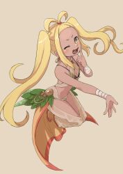 Rule 34 | 1girl, bandaged wrist, bandages, bare shoulders, blonde hair, blush, bra, breasts, commentary request, earrings, highres, jewelry, kotarou (kotakota ee), leaf, liliana masquerade, long hair, looking at viewer, navel, one eye closed, open mouth, outstretched hand, petite, pointing, pointing at self, re:zero kara hajimeru isekai seikatsu, red footwear, see-through, simple background, small breasts, solo, teeth, twintails, underwear, yellow eyes