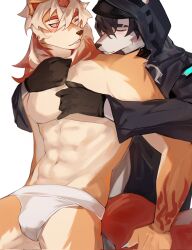 Rule 34 | 2boys, abs, animal ears, arm tattoo, artist self-insert, axianorange, black gloves, blush, chinese commentary, claws, closed eyes, colored tips, commentary request, doctor (arknights), ears through hood, furry, furry male, gloves, highres, hood, hood up, hooded coat, horns, hug, hug from behind, hung (arknights), komainu boy, komainu ears, komainu tail, looking at another, male doctor (arknights), male focus, male underwear, multicolored hair, multiple boys, original, pectorals, single horn, tattoo, toned, toned male, topless male, underwear, white background, white male underwear, wolf boy, wolf ears, yellow eyes