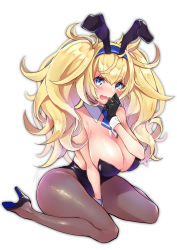 Rule 34 | 1girl, animal ears, between legs, black gloves, black leotard, blonde hair, blue eyes, blush, breasts, chikage (blackclownery), cleavage, collar, detached collar, fake animal ears, gambier bay (kancolle), gloves, hairband, hand between legs, high heels, highres, kantai collection, kneeling, large breasts, leotard, necktie, pantyhose, playboy bunny, rabbit ears, sitting, strapless, strapless leotard, twintails, wariza, wrist cuffs