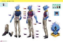 Rule 34 | 1boy, absurdres, arm blade, baoh, baoh raihousha, belt, black footwear, black sclera, blue hair, blue skin, closed mouth, color guide, colored sclera, colored skin, grandguerrilla, grey pants, hand on own hip, hashizawa ikurou, highres, jojo no kimyou na bouken, male focus, multiple views, pants, red belt, shoes, short sleeves, simple background, standing, third eye, weapon, white background, yellow eyes