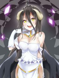 Rule 34 | 1girl, ahoge, albedo (overlord), artist request, bare shoulders, black hair, black wings, blush, breasts, cleavage, demon girl, dress, female focus, frills, gloves, gradient background, hair between eyes, highres, hip vent, horns, large breasts, long hair, looking at viewer, overlord (maruyama), smile, solo, very long hair, white dress, wings, yellow eyes