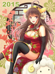 Rule 34 | 10s, 1girl, 2015, :d, ahoge, alternate costume, bare shoulders, black gloves, black thighhighs, blush, breasts, brown eyes, brown hair, china dress, chinese clothes, chinese zodiac, cleavage, cleavage cutout, clothing cutout, dress, elbow gloves, gloves, hairband, headgear, horns, kantai collection, kongou (kancolle), large breasts, long hair, looking at viewer, open mouth, pelvic curtain, sheep, sheep horns, sitting, smile, solo, thighhighs, year of the goat, year of the ram, youshuu