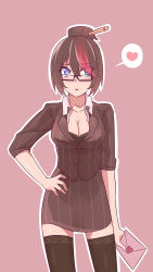 Rule 34 | 1girl, absurdres, black skirt, black thighhighs, blue eyes, blush, breasts, cleavage, closed mouth, collarbone, female focus, fiora (league of legends), frown, glasses, headmistress fiora, heart, highres, league of legends, letter, long sleeves, love letter, multicolored hair, short hair, simple background, skirt, sleeves rolled up, solo, thighhighs, zettai ryouiki, zhainan s-jun