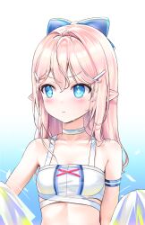 Rule 34 | 1girl, :t, absurdres, bikini, bikini top only, blue bow, blue eyes, blush, bow, breasts, choker, collarbone, elsword, gradient background, hair between eyes, hair bow, hair ornament, hairclip, highres, long hair, luciela r. sourcream, pink hair, pointy ears, small breasts, solo, star-shaped pupils, star (symbol), swimsuit, symbol-shaped pupils, tanjel, upper body, white background, white bikini, white choker