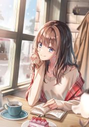 Rule 34 | 1girl, arm support, blue eyes, blush, book, brown hair, cake, closed mouth, coffee, coffee mug, cup, food, hand up, highres, indoors, jewelry, long hair, long sleeves, looking at viewer, morigami (morigami no yashiro), mug, necklace, original, plate, sitting, smile, solo, sweater, table, white sweater, window