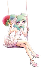 Rule 34 | 1girl, anklet, aqua hair, bad id, bad pixiv id, bare legs, bare shoulders, beta (inazuma eleven), bloom, bouquet, crossed legs, dress, flower, full body, gz (gzxd), hair flower, hair ornament, high heels, inazuma eleven (series), inazuma eleven go, inazuma eleven go chrono stone, jewelry, long hair, no pupils, open mouth, purple eyes, simple background, sitting, solo, strapless, strapless dress, swing, white background