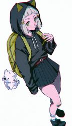 Rule 34 | 1girl, animal hood, backpack, bad id, bad twitter id, bag, black footwear, black hoodie, blue skirt, chromatic aberration, closed mouth, contemporary, drawstring, dromarch (xenoblade), fingernails, green nails, hand up, hood, hood up, hoodie, long sleeves, looking at viewer, multicolored nails, nail polish, nia (xenoblade), nintendo, pleated skirt, red nails, shiomi (lowrise), shoes, short hair, silver hair, simple background, skirt, socks, solo, white background, white socks, xenoblade chronicles (series), xenoblade chronicles 2, yellow eyes, yellow nails