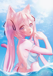 Rule 34 | 1girl, absurdres, animal ear fluff, animal ears, bikini, bikini pull, blue bikini, blush, breasts, cat ears, cat girl, cat tail, clothes pull, cloud, from behind, highres, long hair, looking back, momoniako, open mouth, original, outdoors, partially submerged, pink eyes, pink hair, pulling own clothes, ribbon, sky, small breasts, solo, swimsuit, tail, twintails, unfastened, undressing, upper body, very long hair, water