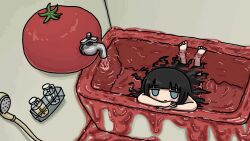 Rule 34 | 1girl, barefoot, bath, bathing, bathroom, bathtub, black hair, blue eyes, blunt bangs, closed mouth, faucet, fuchina (fucinami), funo-chan (fuchina), highres, juice, long hair, looking at viewer, nude, original, overflowing, overflowing bath, partially submerged, shower head, smile, soap bottle, solo, tomato, tomato juice