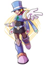 Rule 34 | 1girl, ace attorney, adapted costume, android, belt, blue eyes, blue hat, blush, brown hair, commentary, commission, crossover, english commentary, full body, gloves, hat, leg up, mega man (series), mega man x (series), open mouth, pantyhose, reaching, reaching towards viewer, robot ears, short hair, skirt, skycompass, smile, solo, standing, teeth, top hat, trucy wright, white gloves