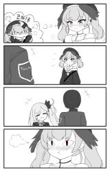 Rule 34 | 1boy, 2girls, 4koma, absurdres, blue archive, comic, highres, koharu (blue archive), monochrome, multiple girls, mutsuki (blue archive), sensei (blue archive)