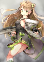 Rule 34 | 1girl, antenna hair, bare shoulders, black dress, black gloves, blush, breasts, bullpup, camouflage, camouflage jacket, closed mouth, commentary request, dog tags, double bun, dress, fingerless gloves, fingernails, fur-trimmed jacket, fur trim, girls&#039; frontline, gloves, green eyes, green socks, grey background, grey jacket, gun, hair between eyes, hair bun, head tilt, highres, holding, holding gun, holding weapon, jacket, kneehighs, light brown hair, long hair, long sleeves, looking at viewer, looking to the side, name connection, object namesake, off shoulder, pointing, puffy long sleeves, puffy sleeves, rfb (girls&#039; frontline), rin2008, side bun, single glove, sleeveless, sleeveless dress, small breasts, smile, socks, solo, striped clothes, striped socks, trigger discipline, vertical-striped clothes, vertical-striped socks, very long hair, weapon, weapon request