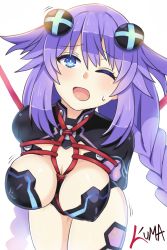 Rule 34 | 1girl, artist name, bdsm, blue eyes, blush, bodysuit, bondage, bound, braid, breasts, breasts apart, bright pupils, choujigen game neptune, cleavage, cleavage cutout, clothing cutout, colored eyelashes, cowboy shot, embarrassed, hair between eyes, highres, large breasts, legs together, leotard, lewdkuma, long hair, looking at viewer, navel, neptune (neptunia), neptune (series), one eye closed, open mouth, parted bangs, power symbol, power symbol-shaped pupils, purple hair, purple heart (neptunia), shiny clothes, shiny skin, simple background, solo, stomach, symbol-shaped pupils, thighhighs, thighs, twin braids, very long hair, white background