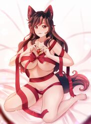 Rule 34 | 1girl, absurdres, animal ears, bow, breasts, brown hair, commission, dungeon toaster, fangs, female pubic hair, fingernails, full body, heart-shaped pubic hair, highres, imaizumi kagerou, jewelry, large breasts, long fingernails, long hair, looking at viewer, makeup, nail polish, naked ribbon, necklace, open mouth, pubic hair, red bow, red eyes, red nails, red ribbon, ribbon, ring, shaped pubic hair, smile, solo, tail, touhou, wolf ears, wolf tail