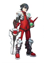 Rule 34 | 1boy, black hair, blaster master zero, blue eyes, boots, carrying, carrying under arm, fingerless gloves, full body, gloves, helmet, jason frudnick, looking at viewer, male focus, multicolored hair, natsume yuji, official art, red gloves, short hair, simple background, smile, solo, streaked hair, turtleneck, white background