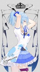 Rule 34 | 1girl, arms up, bad id, bad pixiv id, blue bow, blue eyes, blue hair, bow, bracelet, breasts, cat thigh strap, cleavage, cowboy shot, cross, crown, dated, dress, frilled skirt, frills, from side, grey background, jewelry, mouth hold, necklace, neko (ganecooo), original, ponytail, ribbon, ribbon-trimmed dress, ribbon-trimmed sleeves, ribbon in mouth, ribbon trim, simple background, skirt, solo, sparkle, thigh strap, twitter username, tying hair