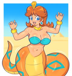 1girl blue_eyes bracelet breasts brown_hair curled_ends desert earrings eyelashes fang flower_earrings gold_bracelet gold_necklace jewelry lamia large_breasts mario_(series) medium_hair monster_girl necklace nintendo orange_scales princess_daisy pyramid_(structure) snake_crown snake_girl super_mario_land tan