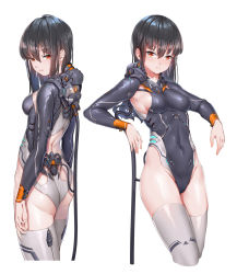 Rule 34 | 1girl, arms at sides, ass, back, black hair, bodysuit, braid, breasts, cable, closed mouth, cowboy shot, cropped legs, fangxiang cuoluan, from side, grey thighhighs, highres, legs together, leotard, long hair, looking at viewer, medium breasts, multiple views, original, plugsuit, red eyes, side braid, sideboob, sidelocks, simple background, skin tight, standing, thighhighs, thighs, tsurime, white background