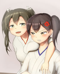 Rule 34 | 10s, 2girls, alternate breast size, anger vein, angry, blush, breast envy, breast rest, breasts, breasts on shoulders, brown eyes, brown hair, flat chest, furrowed brow, grabbing, grabbing another&#039;s breast, grey hair, hair ribbon, japanese clothes, kaga (kancolle), kantai collection, large breasts, long hair, looking at viewer, maku ro, multiple girls, open mouth, ribbon, side ponytail, smile, smug, twintails, white ribbon, zuikaku (kancolle)