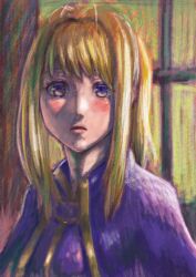 Rule 34 | 1girl, aduti momoyama, blonde hair, blue eyes, blush, clarine (fire emblem), closed mouth, fire emblem, fire emblem: the binding blade, frown, hair intakes, highres, long hair, looking at viewer, multicolored eyes, nintendo, pink lips, purple eyes, solo, upper body, yellow eyes