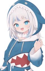 Rule 34 | 1girl, absurdres, animal costume, animal hood, blue eyes, blue hair, blue hoodie, blue nails, blush, claw pose, commentary, gawr gura, gawr gura (1st costume), grey hair, highres, hololive, hololive english, hood, hood up, hoodie, long hair, long sleeves, looking at viewer, multicolored hair, nail polish, open mouth, rokukarashi, shark costume, shark hood, sharp teeth, simple background, solo, streaked hair, teeth, upper teeth only, virtual youtuber, white background, wide sleeves