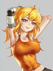 Rule 34 | 1girl, ahoge, armpits, arms up, blonde hair, blouse, blush, breasts, collarbone, commentary request, covered erect nipples, don (rg06268), grey background, highres, large breasts, long hair, looking at viewer, mechanical arms, midriff, navel, open mouth, orange shirt, prosthesis, purple eyes, rwby, shiny skin, shirt, simple background, single mechanical arm, smile, solo, sweat, tank top, taut clothes, taut shirt, teeth, upper body, wavy hair, yang xiao long