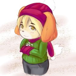Rule 34 | 1girl, alternate costume, animal crossing, animal ears, aoimua, beanie, black pants, blonde hair, blush, can, dog ears, dog tail, female focus, furry, furry female, gloves, green sweater, hands up, hat, isabelle (animal crossing), jpeg artifacts, long sleeves, looking at viewer, mittens, nintendo, no humans, own hands together, pants, red gloves, red hat, red neckwear, scarf, short hair, simple background, smile, solo, standing, steam, sweater, tail, white background, yellow eyes