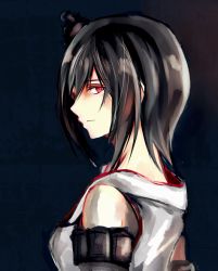 Rule 34 | 10s, 1girl, black background, black hair, commentary request, cowboy shot, detached sleeves, from side, hair ornament, headgear, japanese clothes, jitome, kantai collection, natsuyuki, nontraditional miko, red eyes, short hair, simple background, solo, wide sleeves, yamashiro (kancolle)