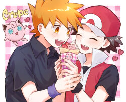 Rule 34 | 2boys, :d, black shirt, black wristband, blonde hair, blue oak, closed eyes, collared shirt, commentary request, creatures (company), crepe, food, fruit, game freak, gen 1 pokemon, hat, heart, holding, jewelry, jigglypuff, male focus, mochi (mocchi p 2m), multiple boys, necklace, nintendo, open mouth, pokemon, pokemon frlg, purple wristband, red (pokemon), red headwear, red vest, shirt, short hair, short sleeves, smile, spiked hair, strawberry, strawberry slice, t-shirt, teeth, upper teeth only, vest