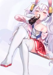 Rule 34 | 1girl, animal ears, areola slip, azur lane, bare shoulders, blush, boots, bottle, camisole, commentary request, drinking, dutch angle, eyebrows hidden by hair, fur-trimmed sleeves, fur trim, hair between eyes, hair ornament, hairband, half-closed eyes, holding, holding bottle, jacket, laffey (azur lane), long hair, long sleeves, looking at viewer, nipple slip, nipples, off shoulder, open clothes, open jacket, p answer, pink jacket, pleated skirt, rabbit ears, red eyes, red hairband, red skirt, silver hair, sitting, skirt, solo, strap slip, thigh boots, thighhighs, twintails, very long hair, white camisole, white footwear, white thighhighs