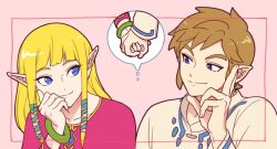 Rule 34 | 1boy, 1girl, bangle, blonde hair, blue eyes, blunt bangs, bracelet, closed mouth, dress, green ribbon, hair ribbon, hand to own mouth, hetero, holding hands, jewelry, link, long hair, long sleeves, looking at another, nintendo, pink background, pink dress, pointy ears, princess zelda, ribbon, short hair, sidelocks, smile, straight hair, the legend of zelda, the legend of zelda: skyward sword, tnp, upper body