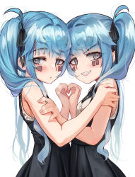 Rule 34 | 2girls, aqua hair, bare shoulders, black ribbon, blush, commentary request, dress, expressionless, facial mark, forte (torriet), from side, grin, hair flaps, hair over shoulder, hair ribbon, heart, heart hands, heart hands duo, highres, long hair, looking at viewer, multiple girls, original, paid reward available, piano (torriet), pinafore dress, ribbon, siblings, sidelocks, simple background, sleeveless, sleeveless dress, smile, tareme, torriet, twins, twintails, upper body, white background