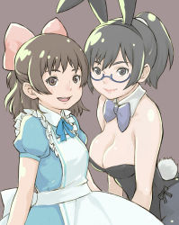 Rule 34 | 2girls, animal ears, aoi minamo, bare shoulders, black hair, bow, bowtie, breasts, brown hair, cleavage, fake animal ears, glasses, hair bow, holon, large breasts, multiple girls, muuten, pantyhose, playboy bunny, ponytail, rabbit ears, rabbit tail, real drive, ribbon, smile, tail