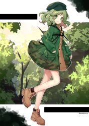 Rule 34 | 1girl, boots, border, brown footwear, bush, camouflage, camouflage jacket, closed mouth, cross-laced footwear, flat cap, forest, from side, full body, green eyes, green hair, green hat, green jacket, hat, highres, jacket, key, kyouda suzuka, long sleeves, looking at viewer, nature, outdoors, pocket, short hair, smile, solo, standing, standing on one leg, touhou, tree, twitter username, white border, yamashiro takane