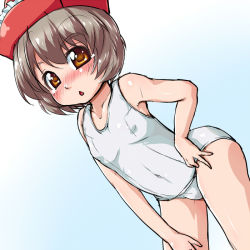 Rule 34 | 1girl, blush, brown eyes, covered navel, female focus, hair between eyes, hat, lyrica prismriver, one-piece swimsuit, red hat, school swimsuit, short hair, solo, swimsuit, touhou, triangle mouth, waribashi-p, white one-piece swimsuit, white school swimsuit