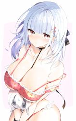 Rule 34 | 1girl, alternate costume, azur lane, between breasts, bikini, breasts, choker, cleavage, closed mouth, collarbone, cowboy shot, dido (azur lane), doll, earrings, from above, hair ornament, hair ribbon, hairclip, highres, hoerutarou, holding, holding doll, jewelry, large breasts, long hair, looking at viewer, own hands together, pink bikini, ribbon, silver hair, strap slip, swimsuit, thighs, underboob