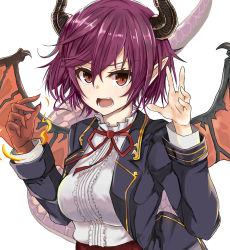 Rule 34 | 1girl, blouse, bow, breasts, commentary request, dragon girl, dragon horns, dragon tail, dragon wings, granblue fantasy, grea (shingeki no bahamut), horns, jacket, koenza botoke, large breasts, looking at viewer, open clothes, open jacket, open mouth, pointy ears, purple hair, red bow, red eyes, red neckwear, shingeki no bahamut, shirt, short hair, solo, tail, upper body, white shirt, wings