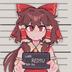 Rule 34 | 1girl, arleccluv, barbie (franchise), barbie (live action), barbie mugshot (meme), bow, brown hair, character name, commentary, detached sleeves, english commentary, hair bow, hair tubes, hakurei reimu, height mark, highres, holding, holding sign, ibispaint (medium), long hair, looking at viewer, meme, mugshot, red bow, red eyes, sign, solo, touhou, upper body