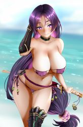 Rule 34 | 1girl, armlet, beads, bikini, breasts, choker, cleavage, collarbone, covered erect nipples, day, eyepatch bikini, fate/grand order, fate (series), gloves, highres, large breasts, long hair, looking at viewer, low-tied long hair, minamoto no raikou (fate), minamoto no raikou (fate/grand order), minamoto no raikou (swimsuit lancer) (fate), minamoto no raikou (swimsuit lancer) (third ascension) (fate), navel, parted bangs, purple bikini, purple eyes, purple hair, side-tie bikini bottom, single glove, smile, solo, standing, swimsuit, very long hair, zasshu