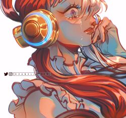 Rule 34 | 1girl, close-up, commentary, crying, crying with eyes open, english commentary, headphones, highres, instagram username, looking ahead, multicolored hair, one piece, one piece film: red, profile, red lips, red nails, simple background, solo, tears, twintails, twitter username, two-tone hair, uta (one piece), vanxllavina, white background